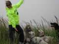 Trained dog with his owner on the ocean trip